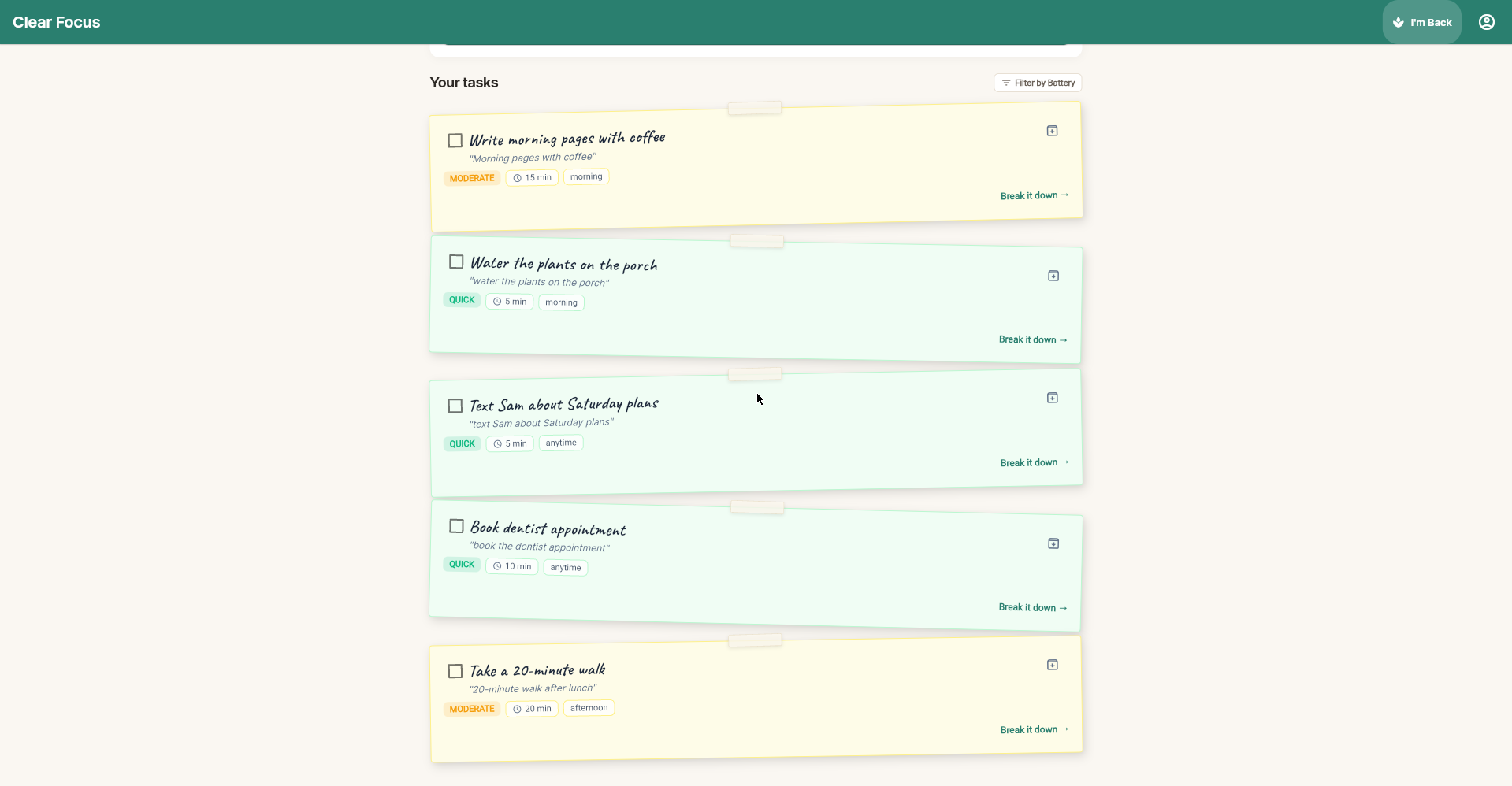 Clear Focus task list styled as pastel sticky notes